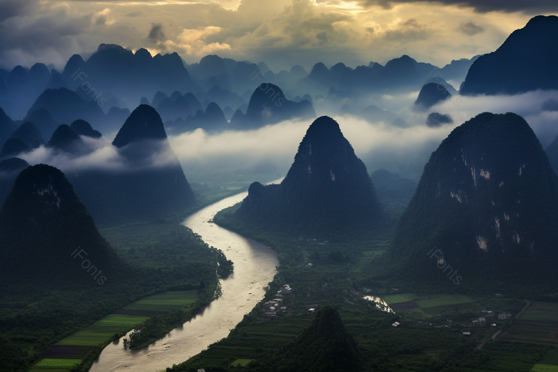 轻舟已过万重山蜿蜒的溪流与高达的山体绿色植物,高清,摄影图,摄影图片,图片大全,摄影图免费下载